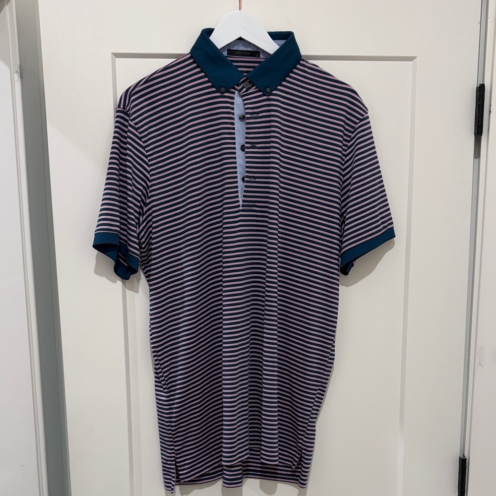 Navy and White Striped Polo Shirt
